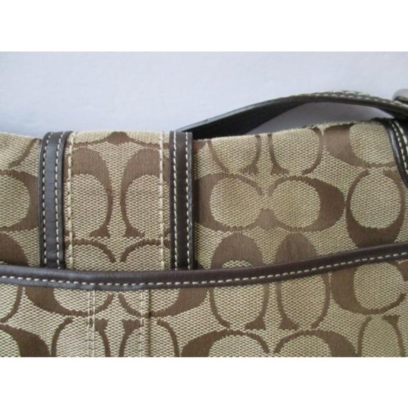 Coach Logo Leather Trim Flap Shoulder Tan Canvas Hobo Bag - Picture 7 of 9